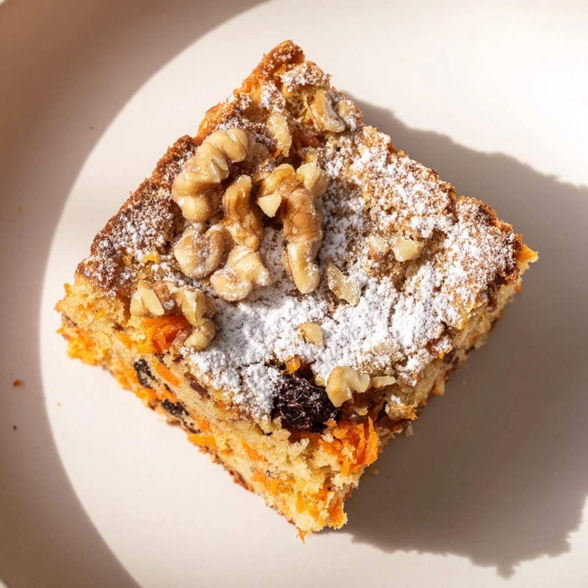 Healthy Greek yogurt carrot cake featuring tender crumb, chopped walnuts, and aromatic spice blend