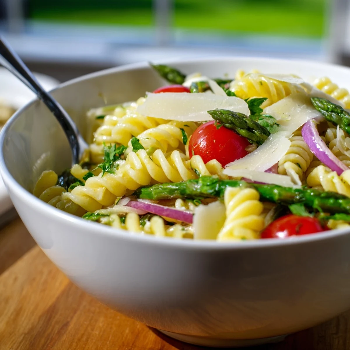Bright lemon asparagus pasta salad featuring tender green spears, cherry tomatoes, and fresh parsley in a light citrus dressing