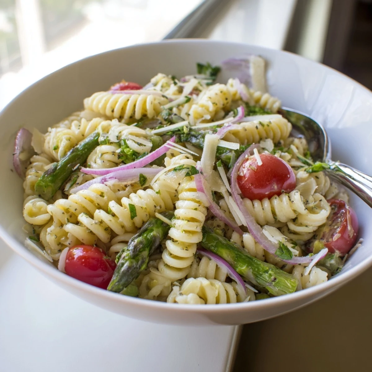 Colorful lemon asparagus pasta salad bowl with al dente pasta, red onion, and herbs coated in tangy lemon olive oil dressing