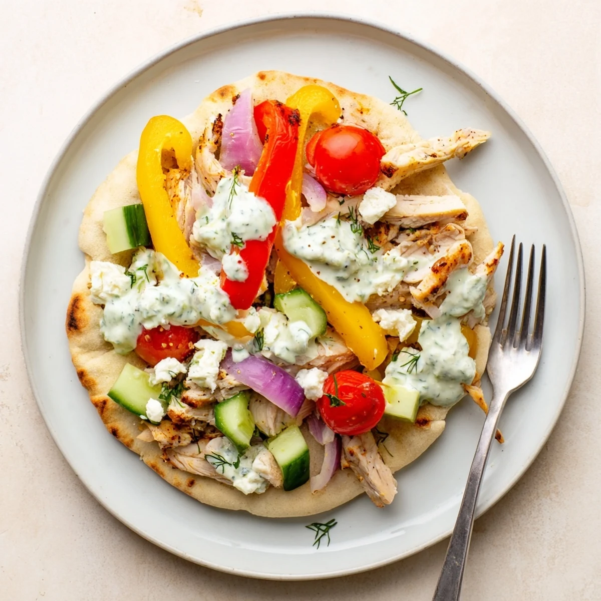 Golden sheet pan chicken pitas stuffed with roasted vegetables and drizzled with creamy herby ranch sauce