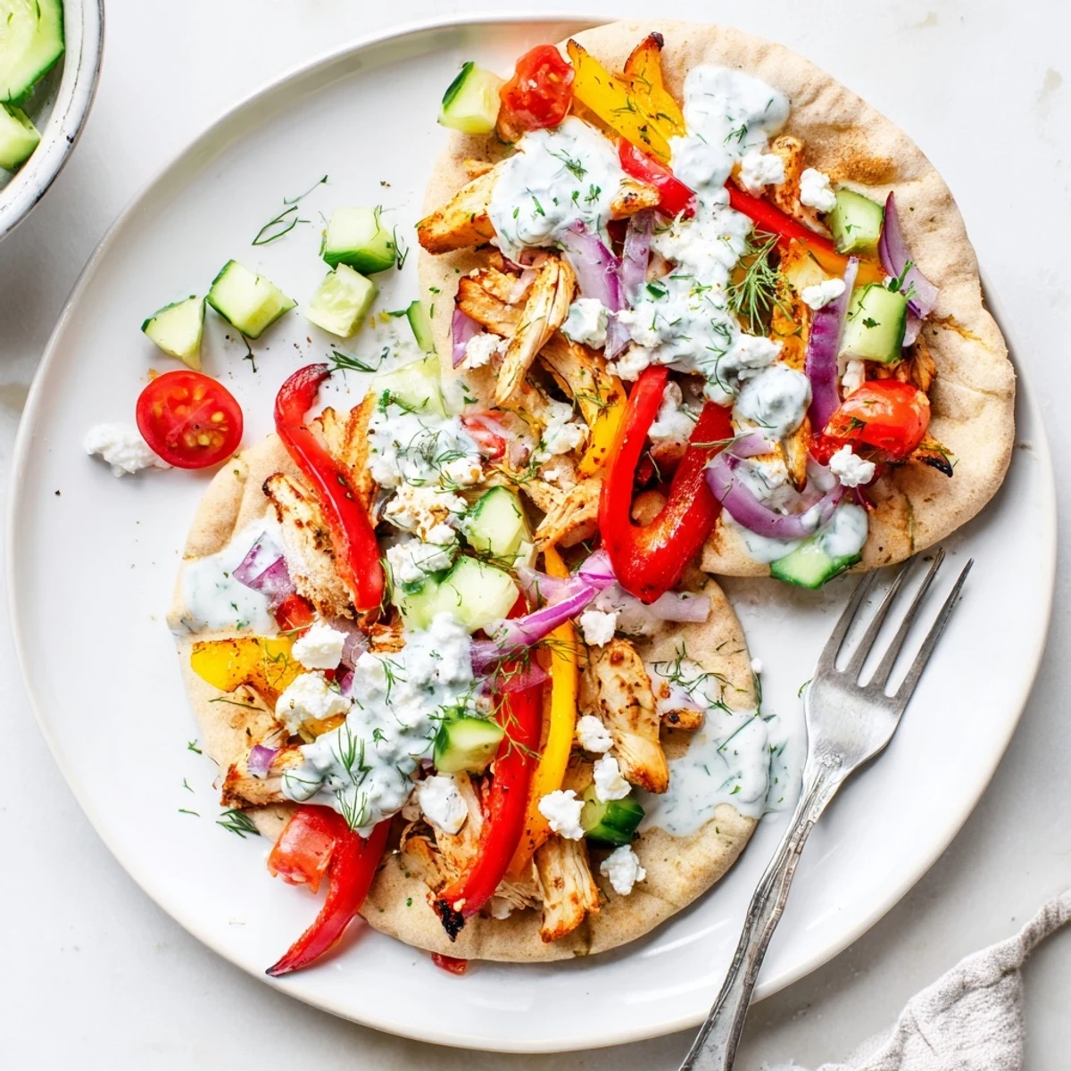 Warm pita bread piled high with spiced roasted chicken peppers and onions topped with fresh herb dressing