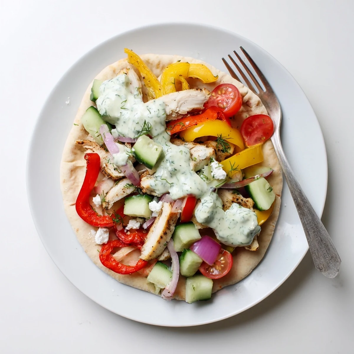 Mediterranean-style chicken and vegetable filling in soft pitas finished with tangy homemade ranch and fresh herbs