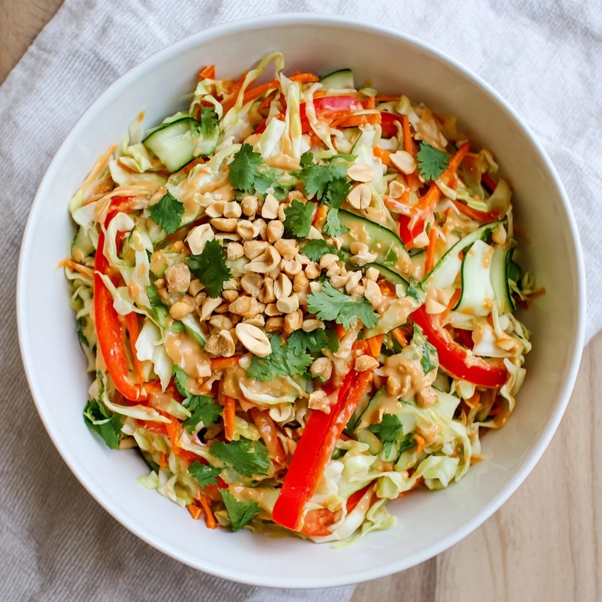 Vibrant Thai salad with crisp cabbage, carrots, and cucumber drizzled with creamy peanut sauce