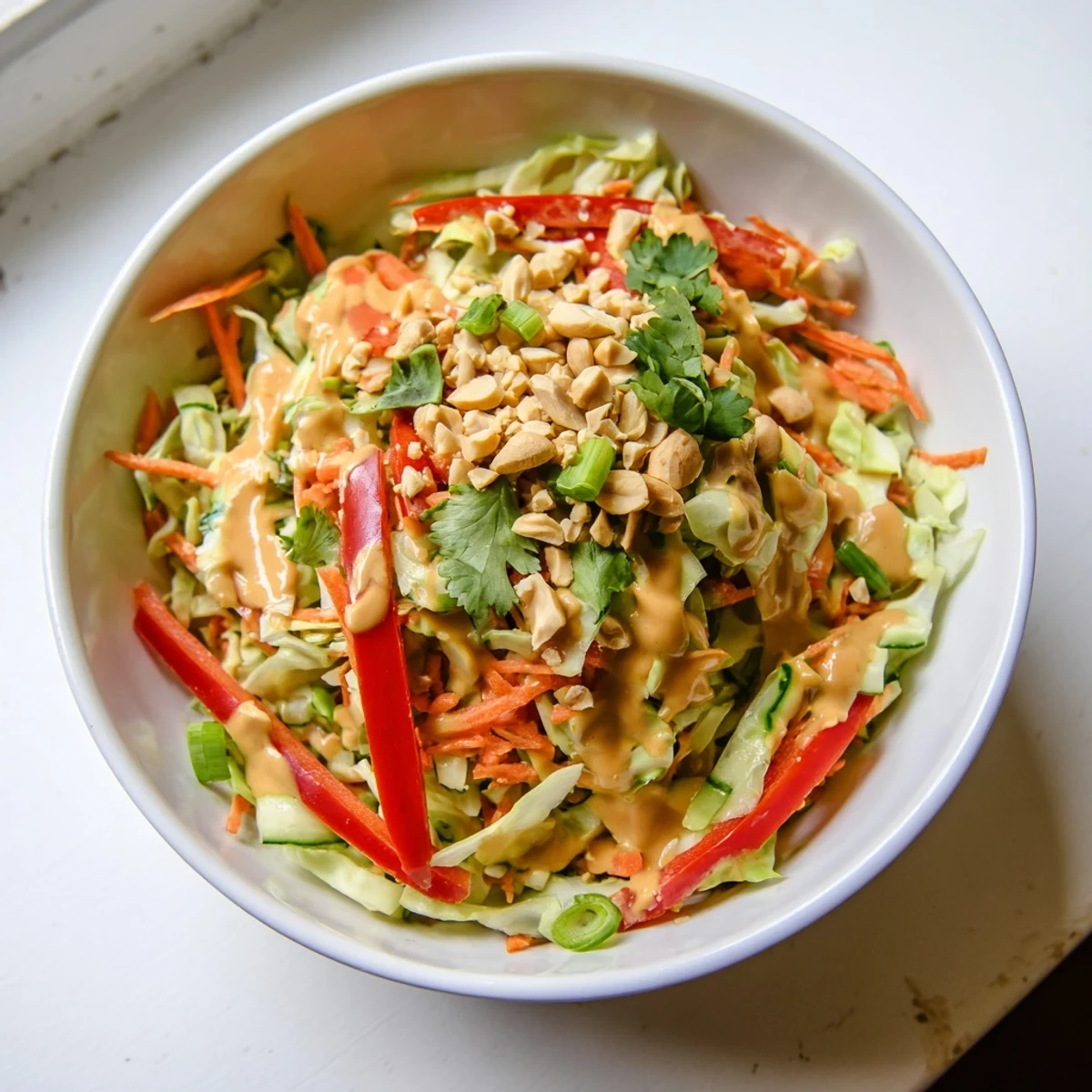 Crunchy vegetable salad coated in smooth peanut sauce and garnished with chopped roasted peanuts