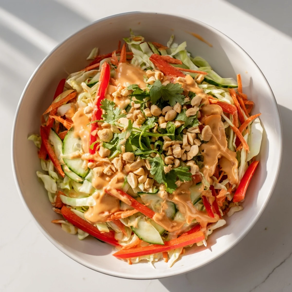 Colorful vegetarian bowl featuring fresh vegetables topped with rich, tangy homemade Thai peanut dressing