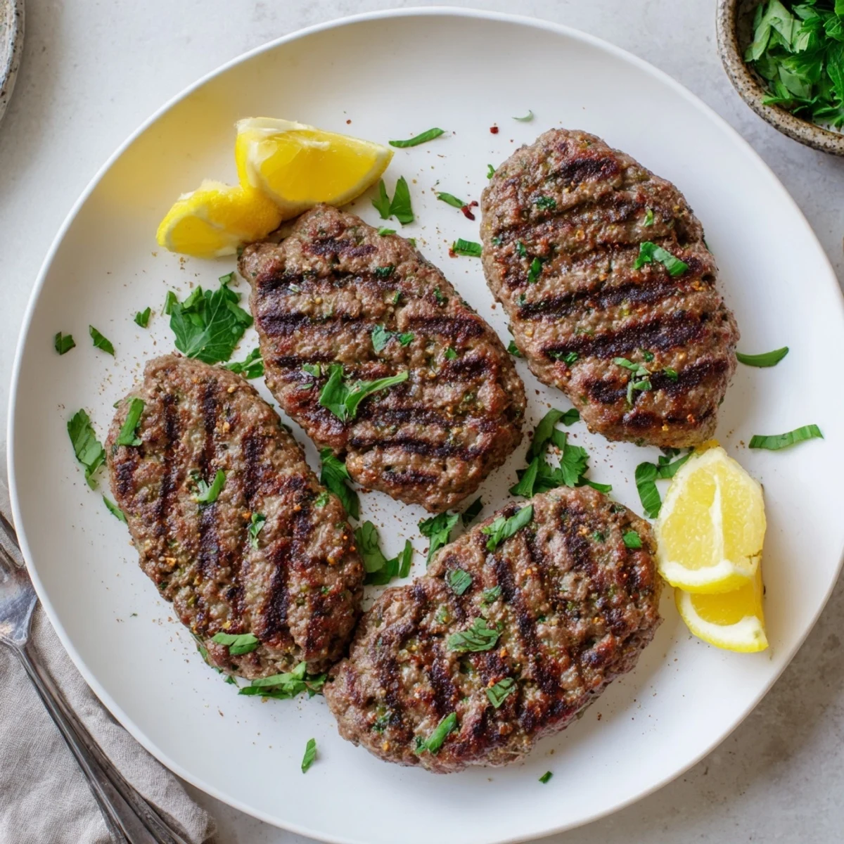 Golden grilled Lebanese kafta kebabs on skewers with fresh herbs and lemon wedges