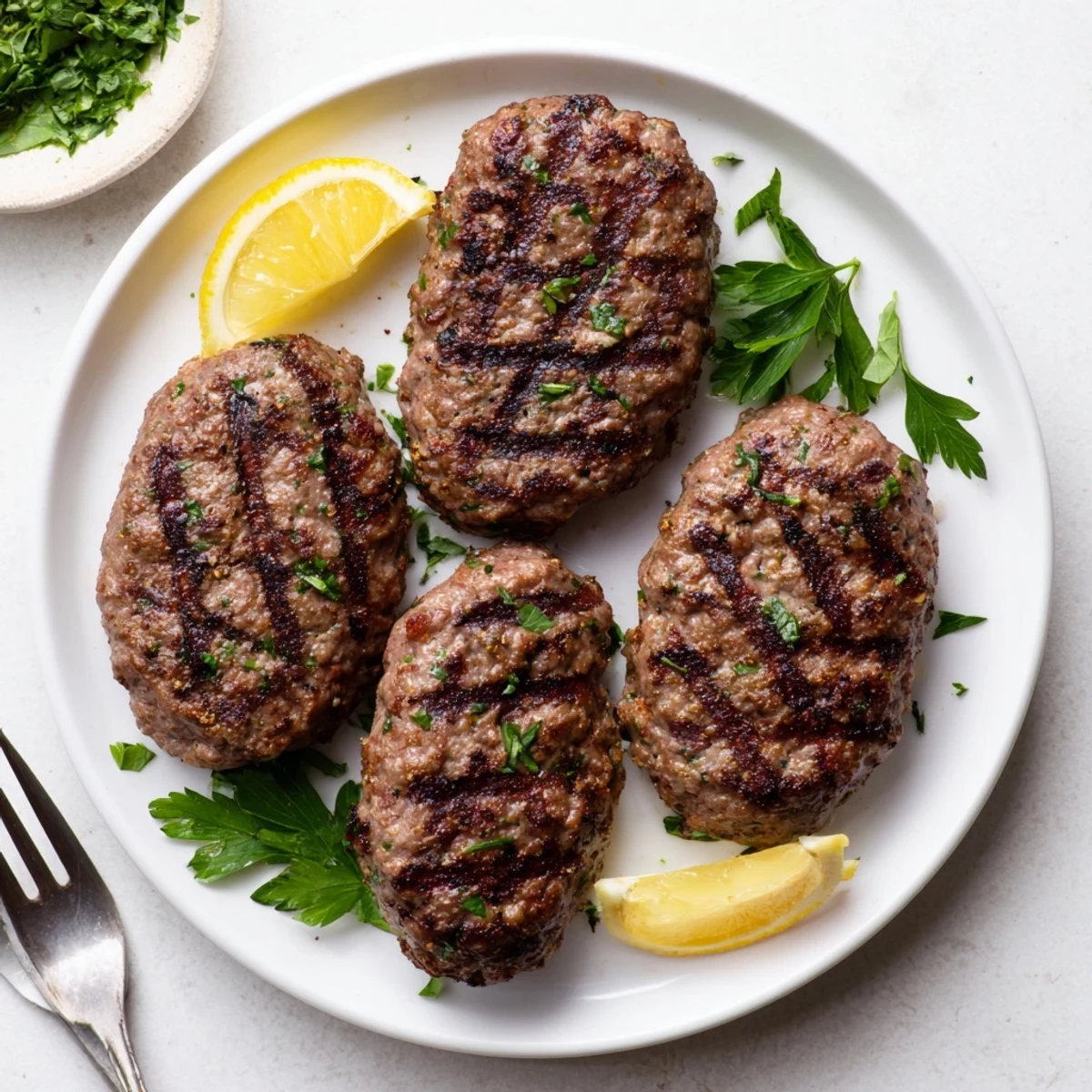 Juicy spiced meat kafta patties served alongside warm pita bread and creamy tahini sauce