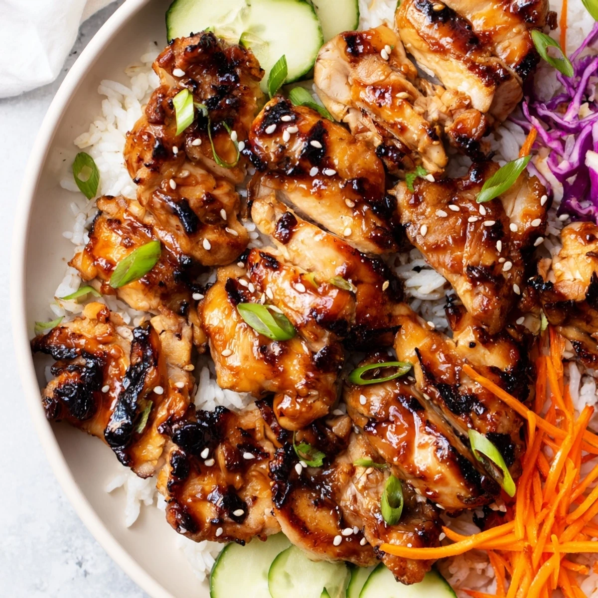 Sliced Korean BBQ chicken resting atop a bed of steamed jasmine rice surrounded by colorful fresh vegetables and toasted sesame seed garnish