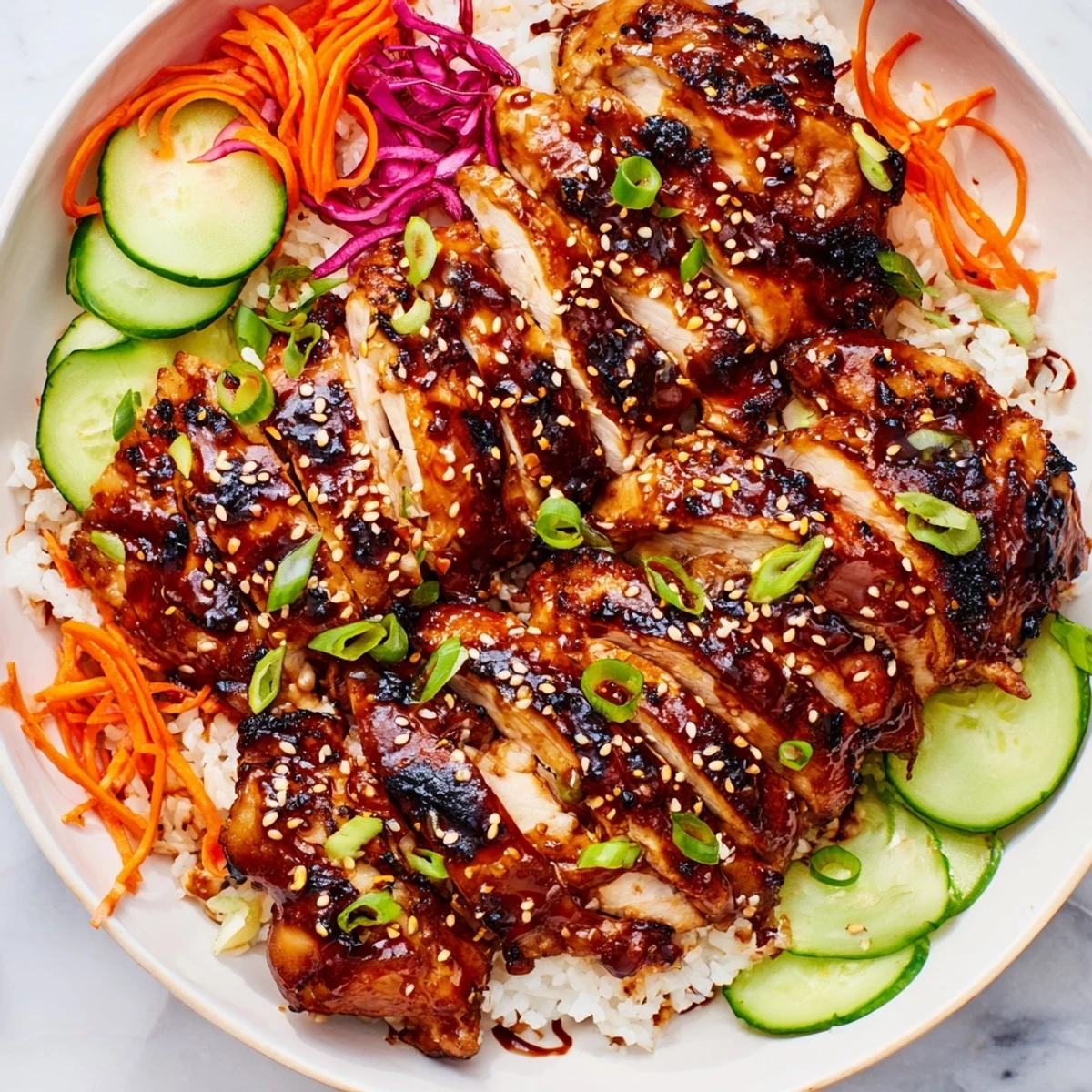 Golden grilled chicken thighs glazed in Korean BBQ sauce arranged over fluffy white rice with shredded purple cabbage, carrots, and crisp cucumber slices