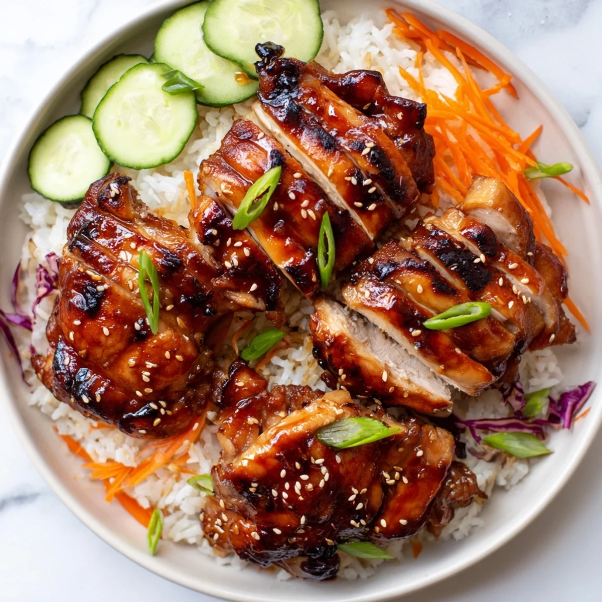 Vibrant meal prep bowl featuring juicy marinated chicken with sweet-spicy glaze served over rice with pickled vegetables and green onion toppings