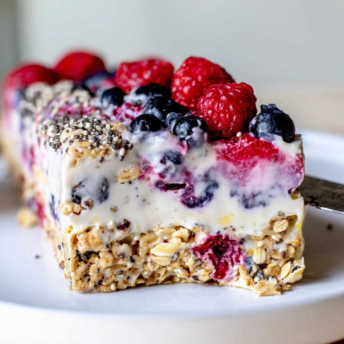 Square slice of no bake frozen yogurt berry granola bars with crimson raspberries and blueberries nestled in creamy white yogurt over crunchy golden granola crust