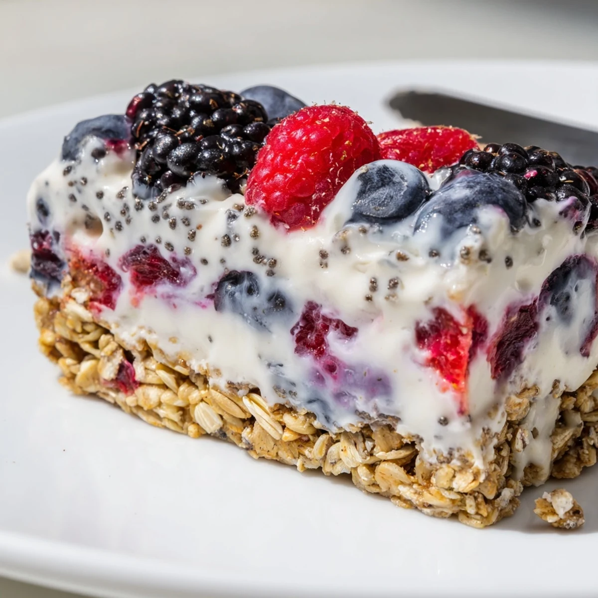 Close-up of chilled no bake frozen yogurt berry granola bars with plump strawberry and blackberry pieces suspended in smooth yogurt layer beneath scattered granola topping