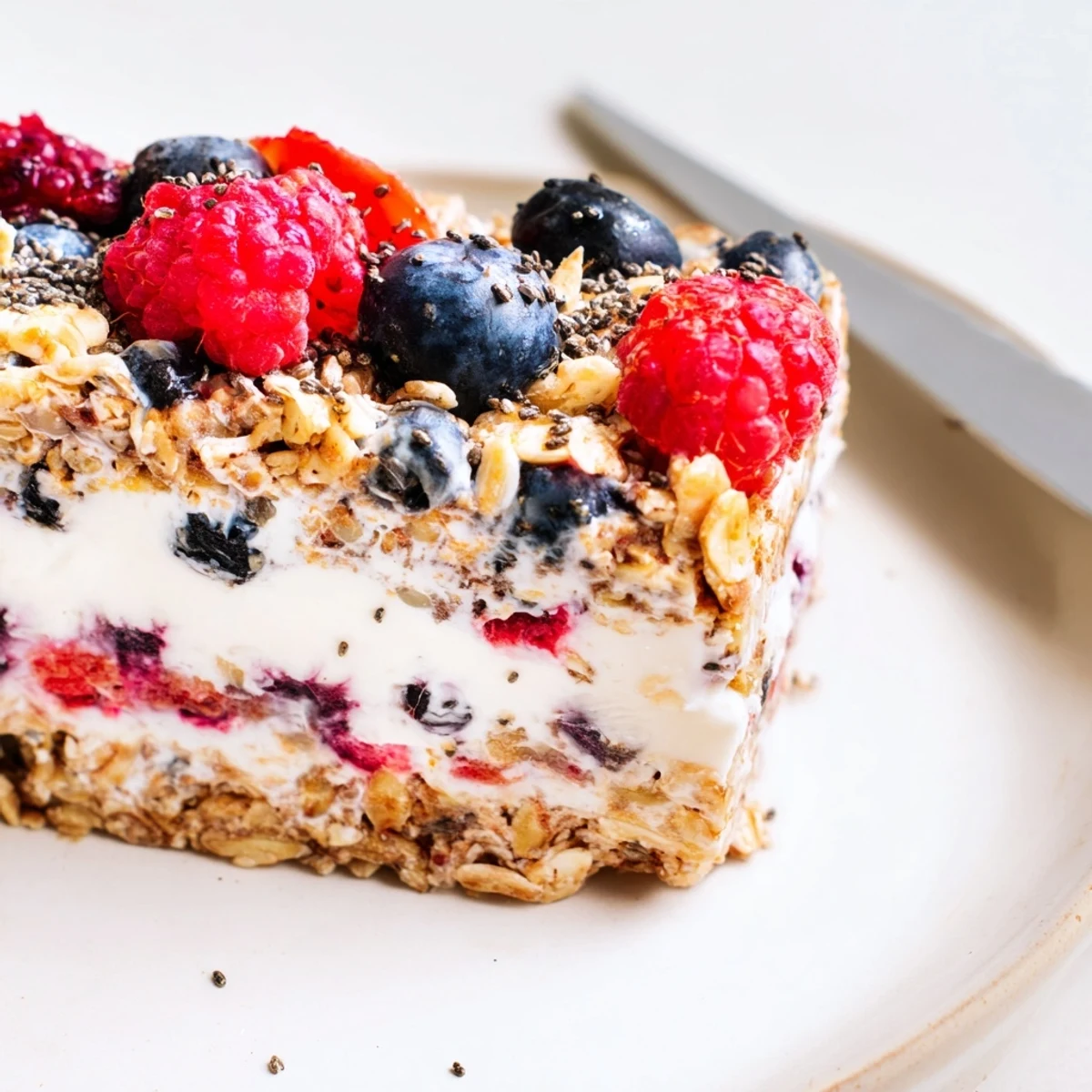 Handheld rectangle of frozen yogurt berry granola bars featuring swirls of vanilla Greek yogurt and colorful fresh berries on a textured oat base