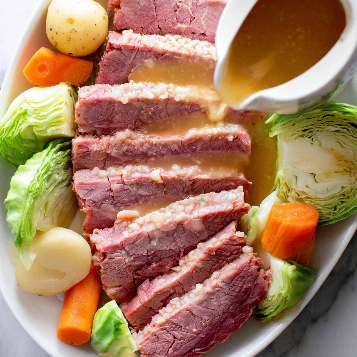 Tender slow cooker corned beef with cabbage, carrots and potatoes in a rich broth.