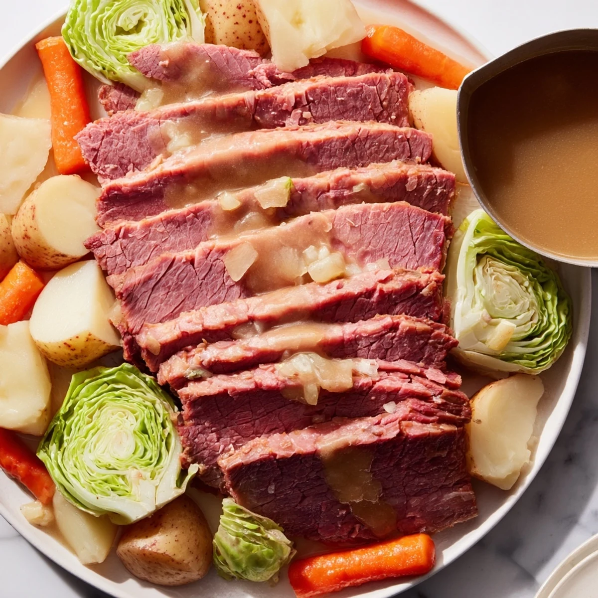 Sliced corned beef brisket plated with hearty vegetables and ladled cooking juices.