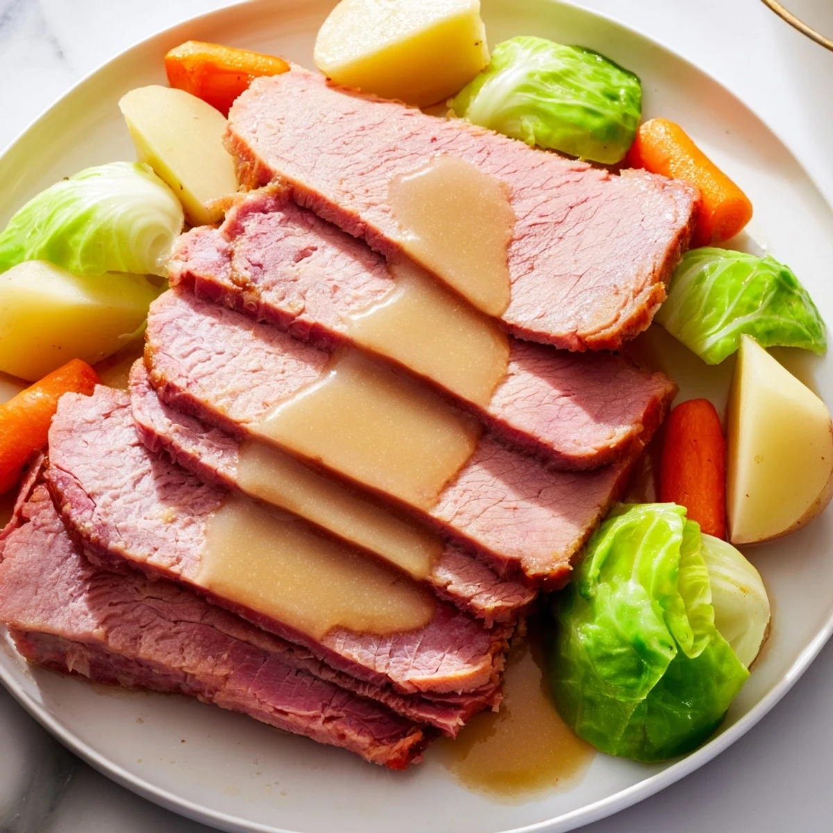 Comforting Irish-American corned beef and cabbage steaming in a slow cooker with root vegetables.
