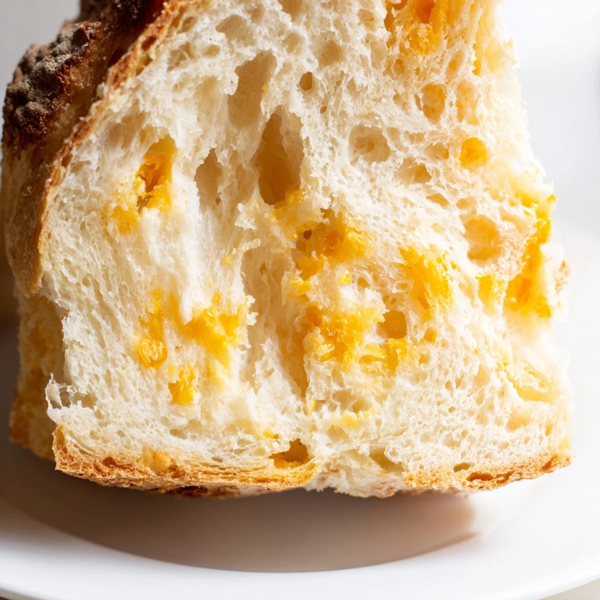 Golden no knead cheddar bread loaf with crisp crust and melty cheese visible inside