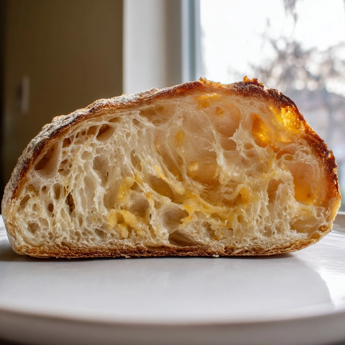 Rustic homemade no knead cheddar bread sliced open showing tender cheesy crumb texture