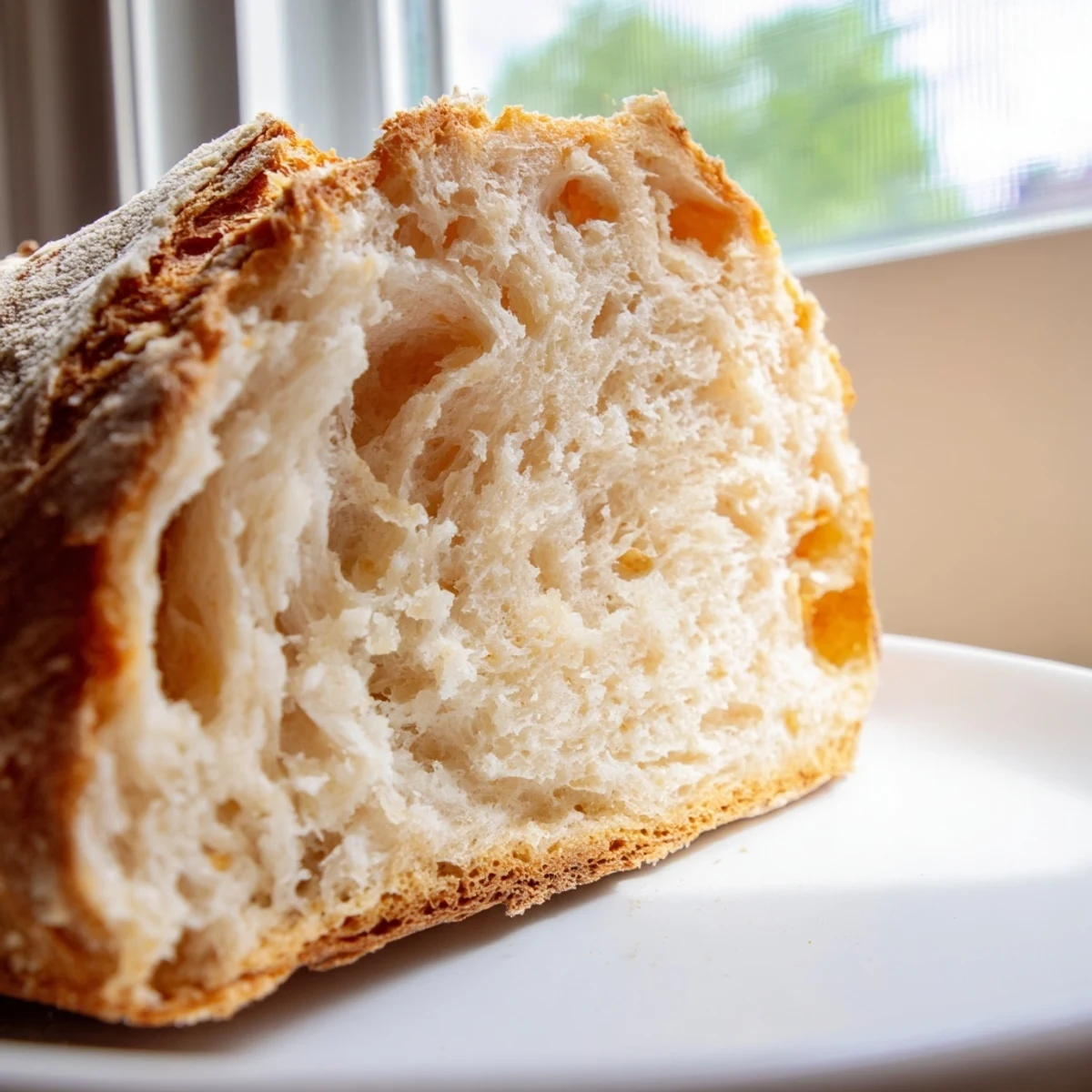 Freshly baked no knead cheddar bread cooling on wire rack with deep golden crust