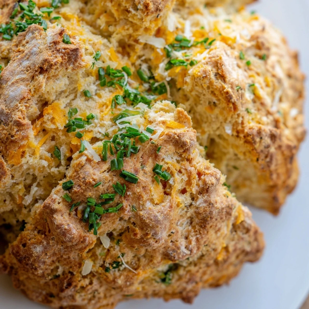 Golden brown cheddar and herb soda bread loaf fresh from the oven with cross cut