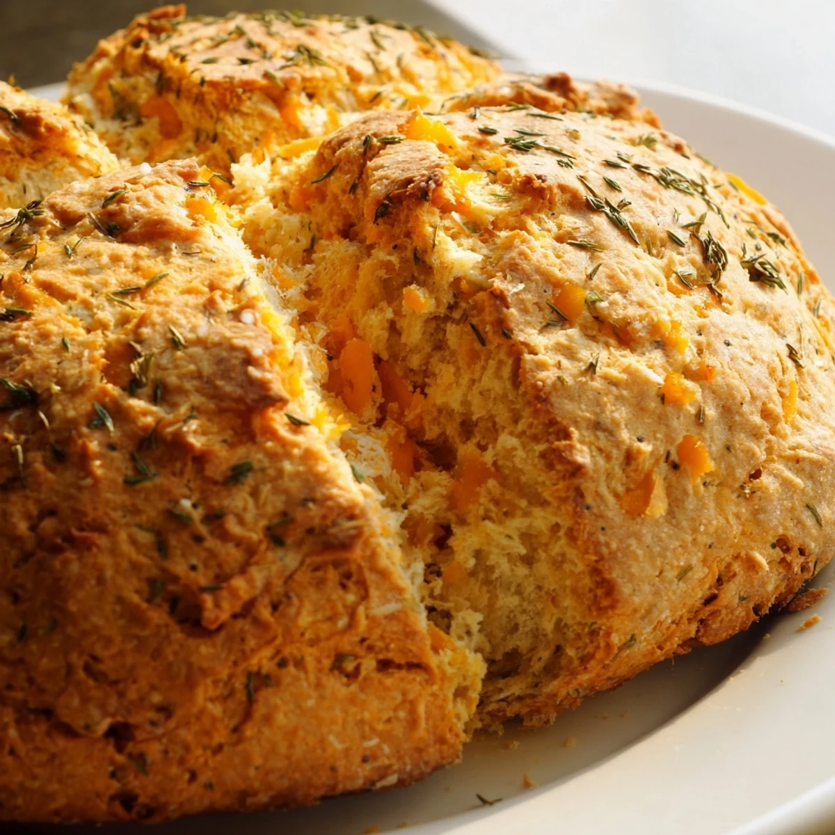 Rustic savory cheddar and herb soda bread sliced warm on wooden board with melted butter