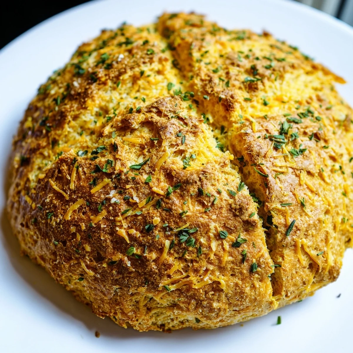 Homemade cheddar and herb soda bread showcasing golden crust and fresh green herbs throughout