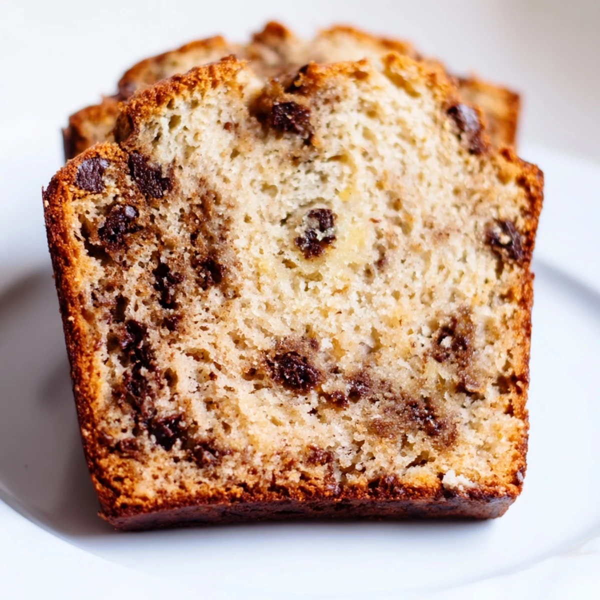 Golden chocolate chip banana bread loaf with melted chocolate pieces on top