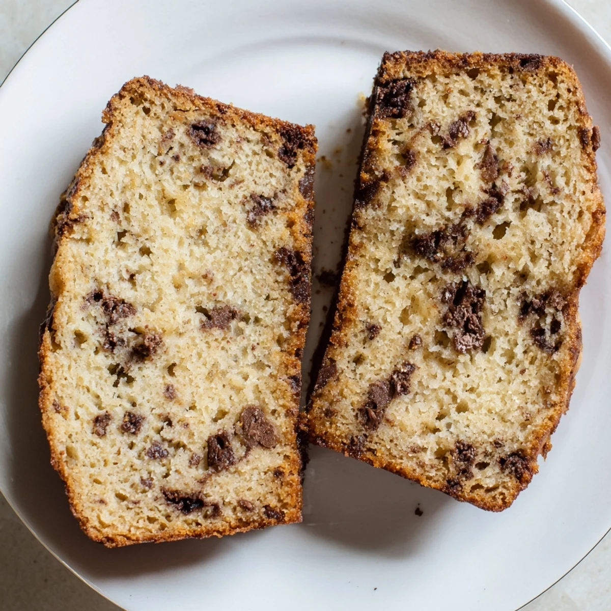 Moist homemade banana bread studded with semi-sweet chocolate chips, sliced for serving