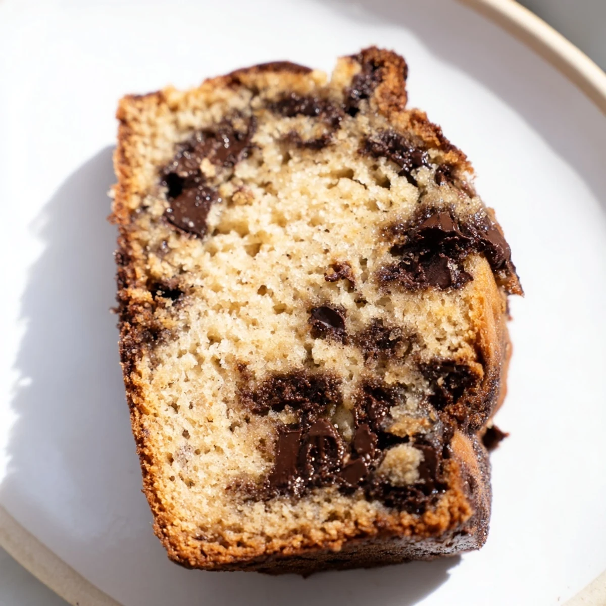 Freshly baked chocolate chip banana bread cooling on wire rack, ready to slice