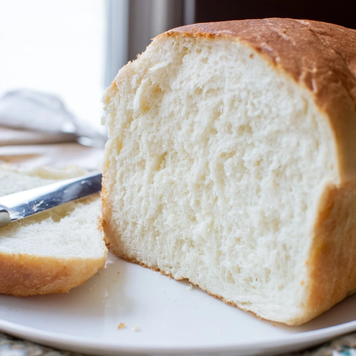 Two warm homemade Amish white bread loaves with fluffy interior and golden crust