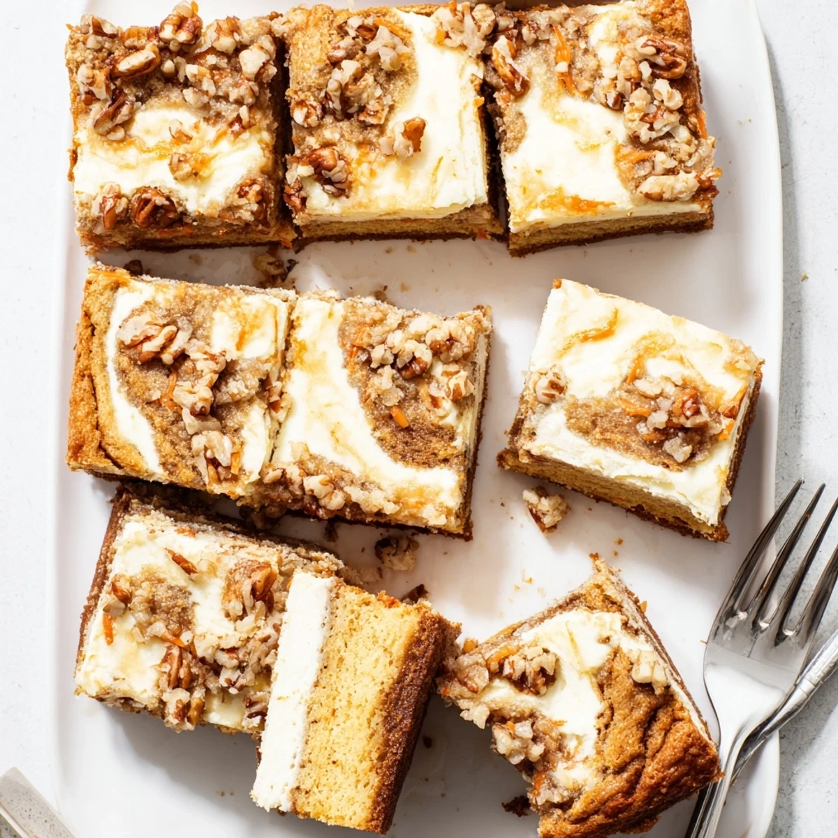 Golden carrot cake cream cheese bars featuring swirled layers of spiced cake and vanilla cheesecake topping