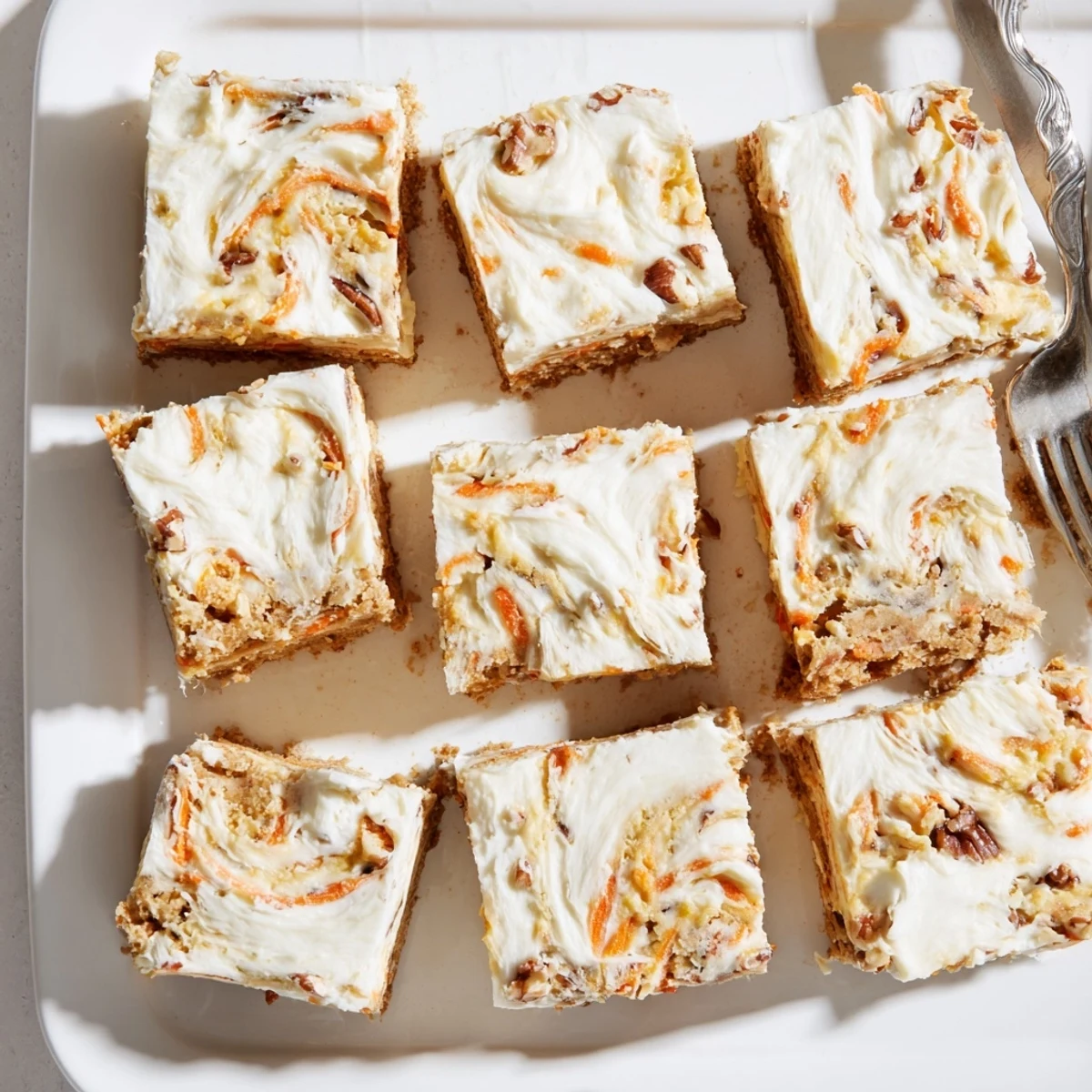 Moist carrot cake cream cheese bars with grated carrots and cinnamon swirled with sweet cream cheese filling