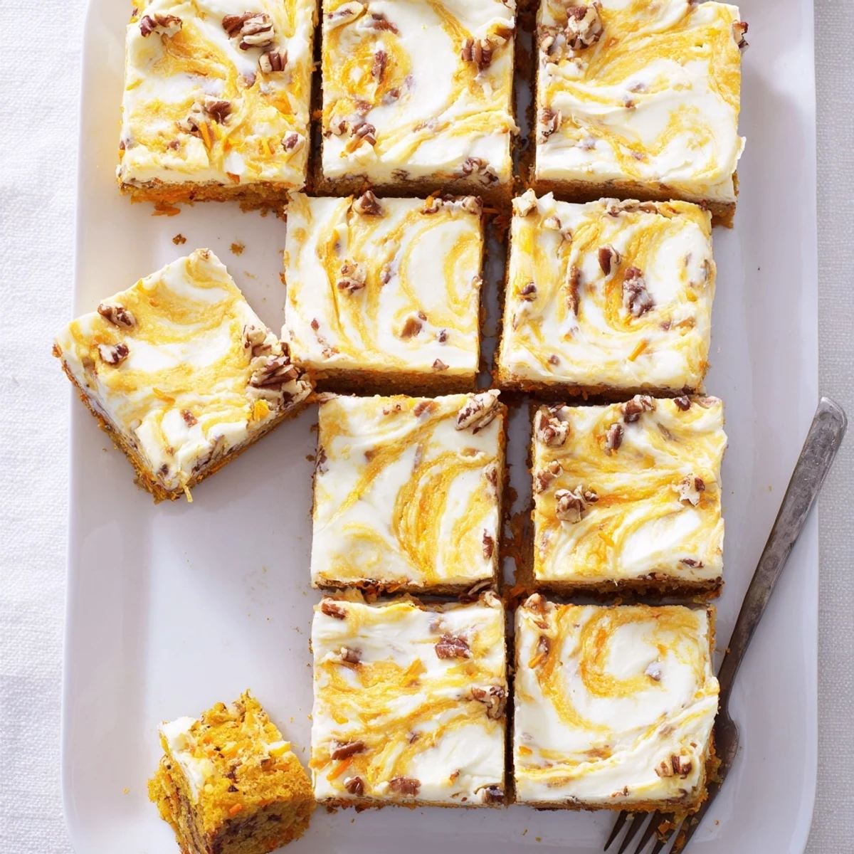 Sliced carrot cake cream cheese bars showing marble pattern of cake and cheesecake layers on white plate