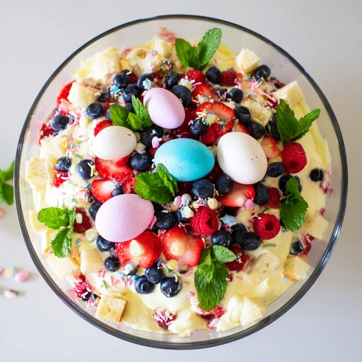 Festive Easter trifle dessert showing colorful berry layers topped with chocolate eggs and fluffy whipped cream