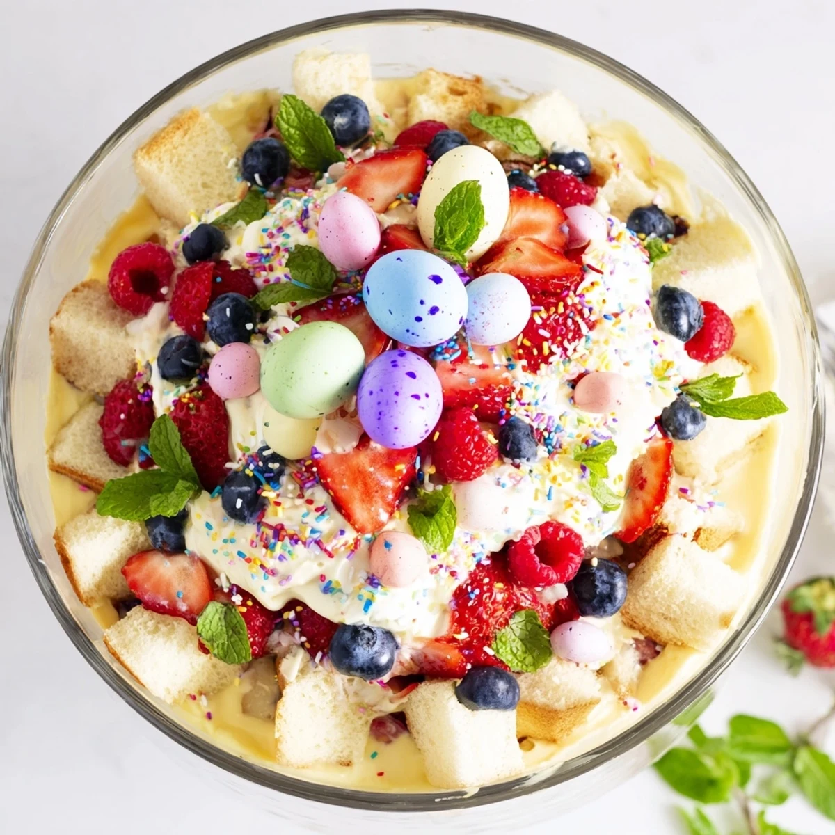 Traditional Easter trifle dessert with soft sponge cubes, creamy custard, macerated strawberries, and sweet whipped cream