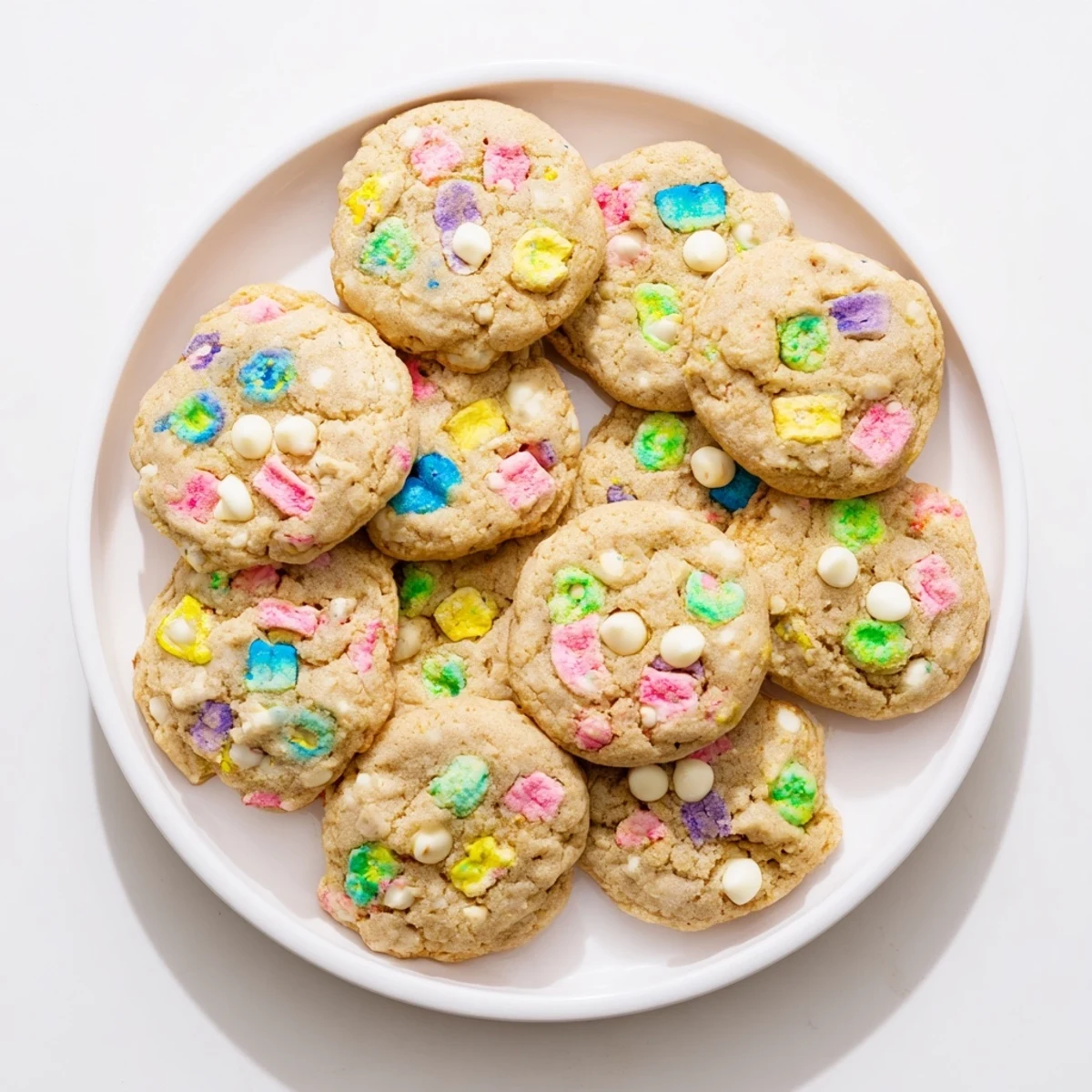 Freshly baked Lucky Charms cookies featuring bright cereal marshmallows and gooey white chocolate chunks