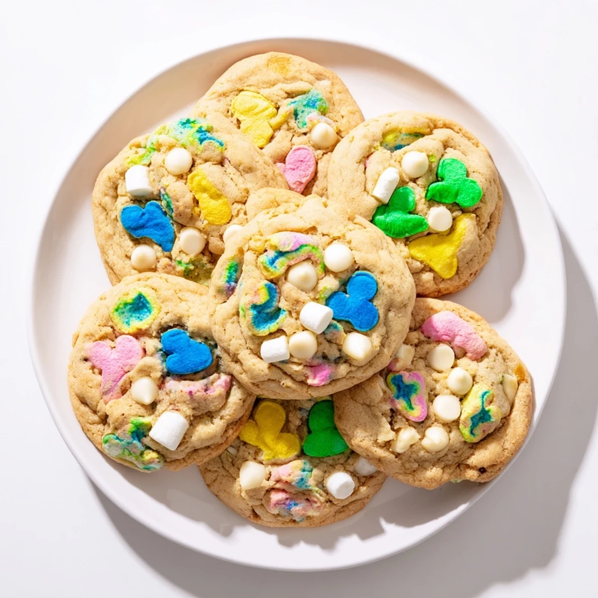 Golden Lucky Charms cookies with colorful marshmallows and melted white chocolate chips on a wire cooling rack