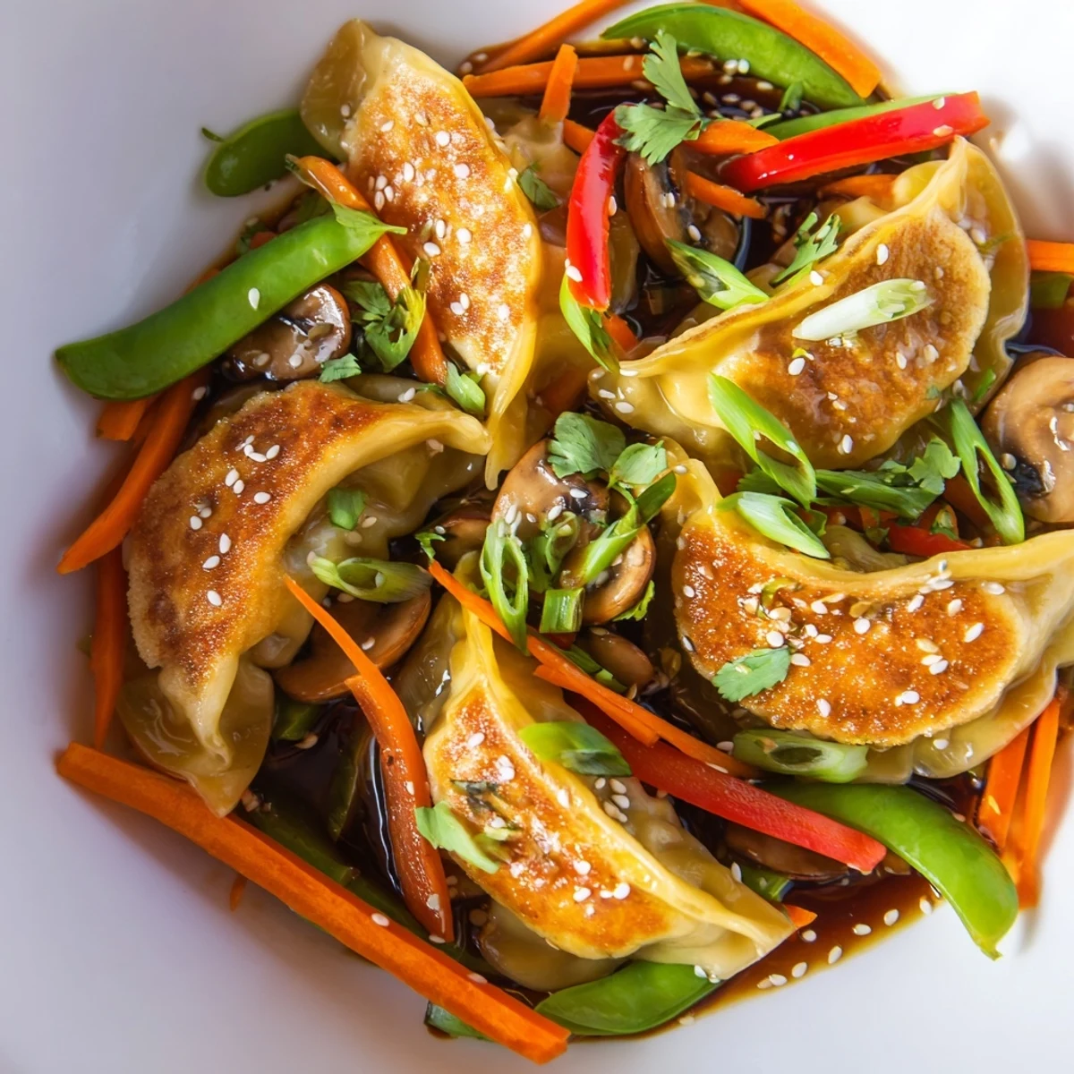 Crispy potstickers tossed with fresh vegetables in a wok for a quick Asian fusion dinner