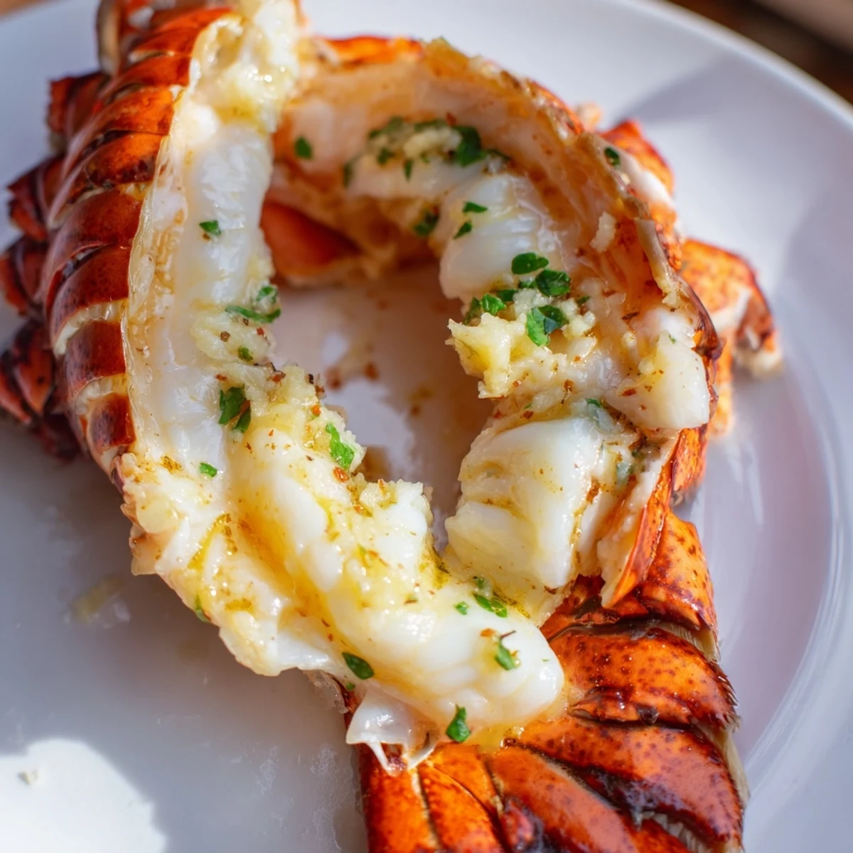Golden baked garlic butter lobster tails brushed with rich parsley sauce on a baking sheet