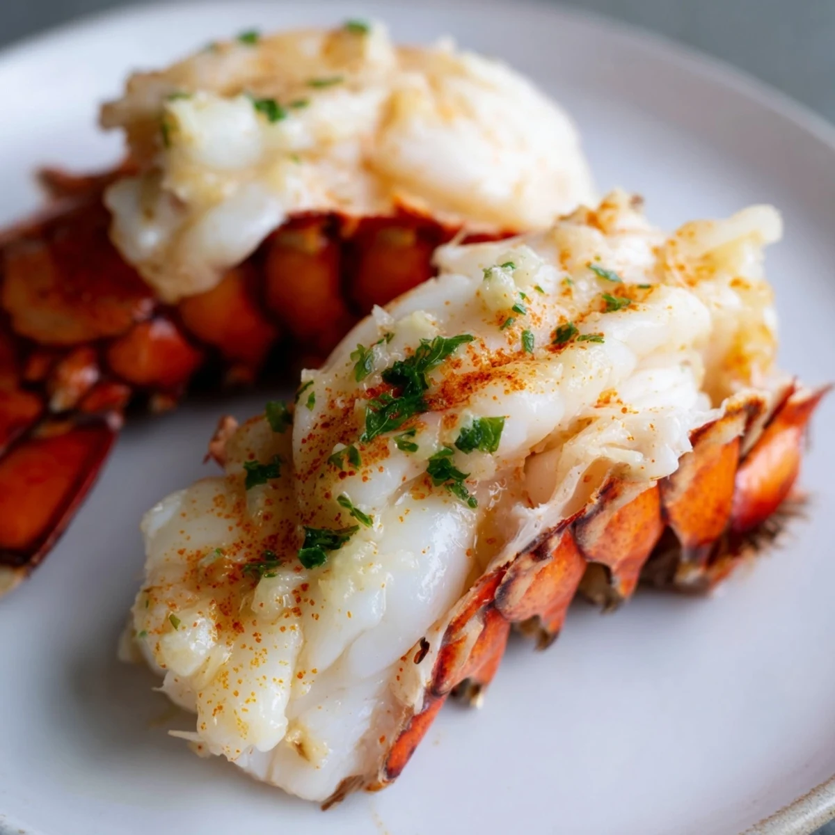 Tender lobster meat sizzling in melted garlic butter sauce with fresh lemon and paprika garnish