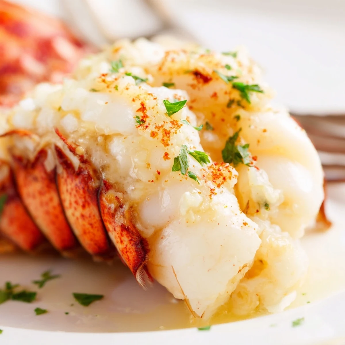 Whole roasted lobster tails topped with garlic herb butter and served with lemon wedges