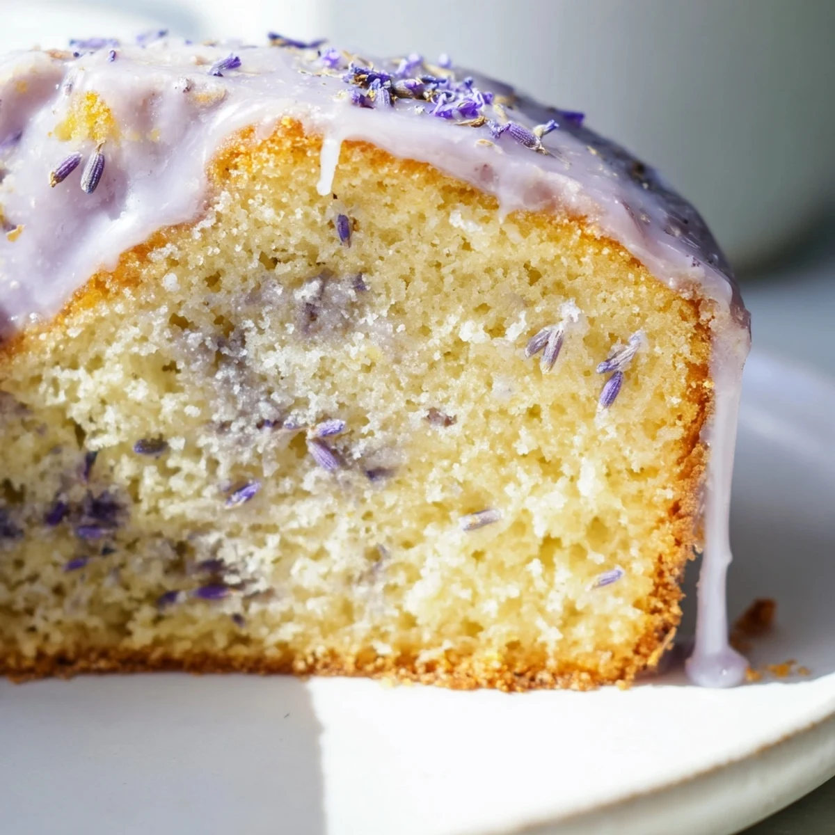 Fragrant lavender cake with lemon glaze drizzled over a tender golden crumb