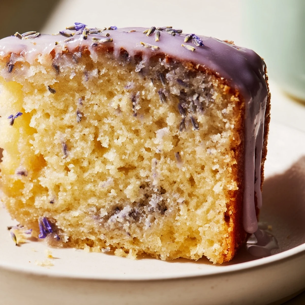 Soft lavender cake slice on a decorative plate with scattered purple buds