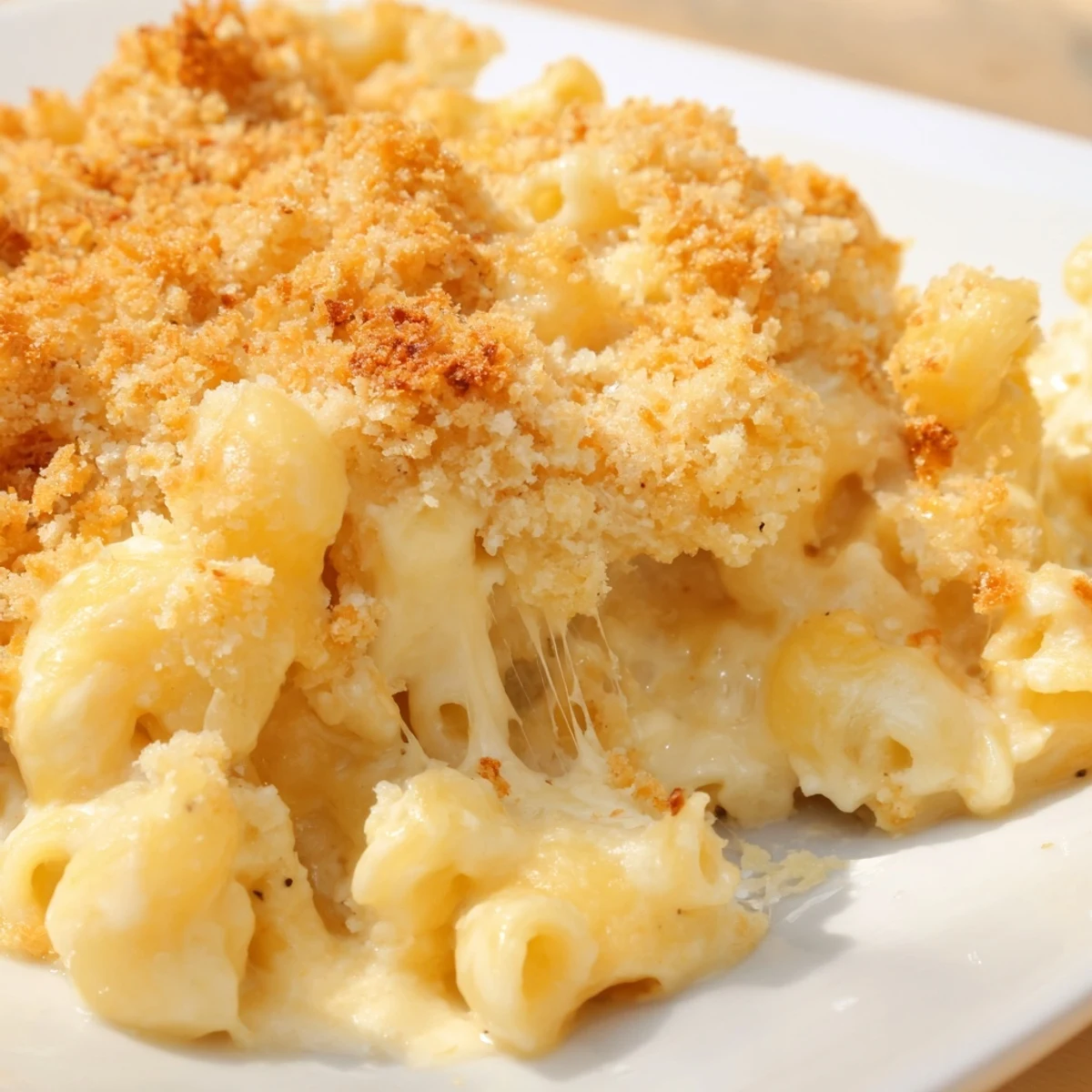 Bubbling three cheese baked macaroni served in a white ceramic casserole dish