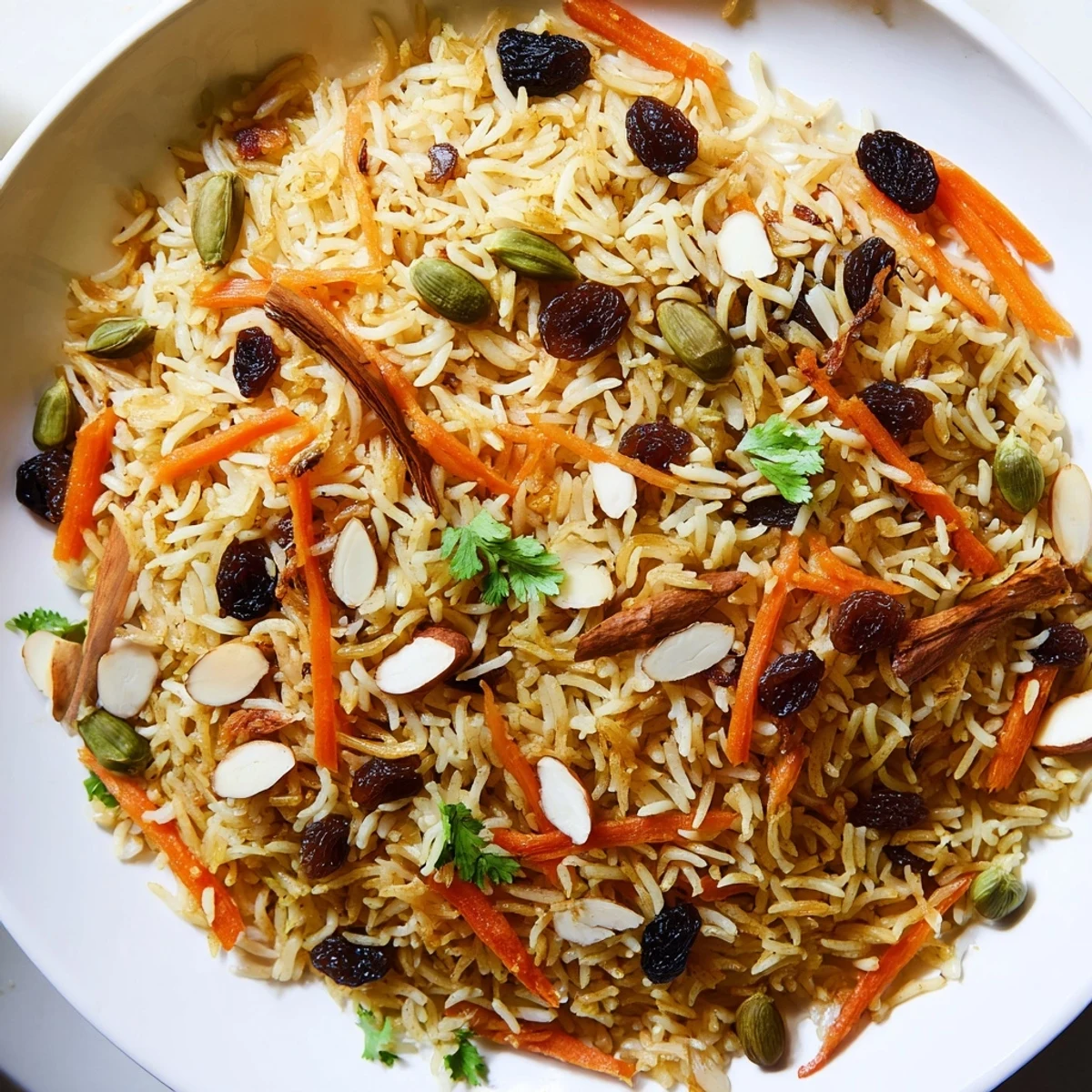 Aromatic Afghan rice steamed with warming spices and topped with sweet glazed carrots and tender raisins