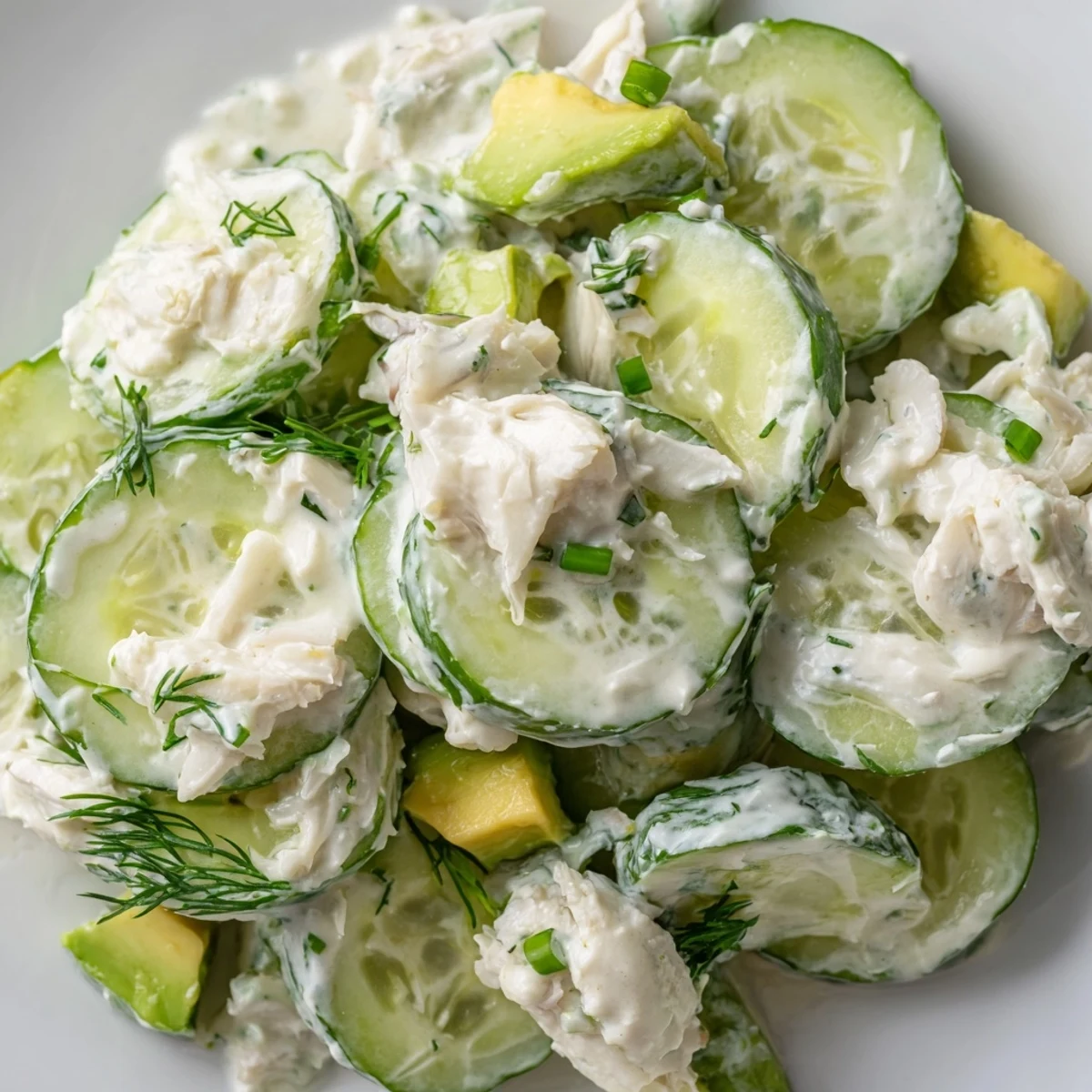 Cucumber salad with crab meat served in a white bowl with fresh dill garnish