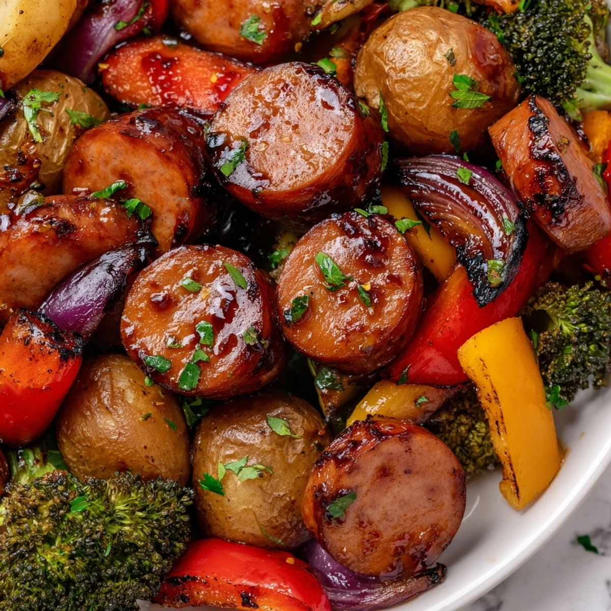 Golden honey garlic kielbasa and vegetables roasted together on a sheet pan
