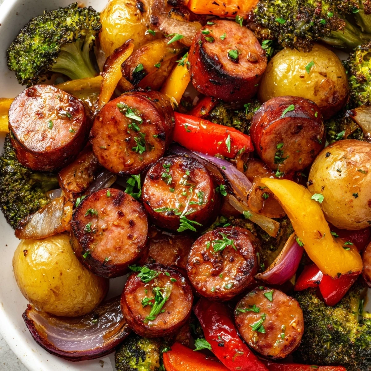 One pan honey garlic kielbasa with caramelized vegetables in sweet savory glaze