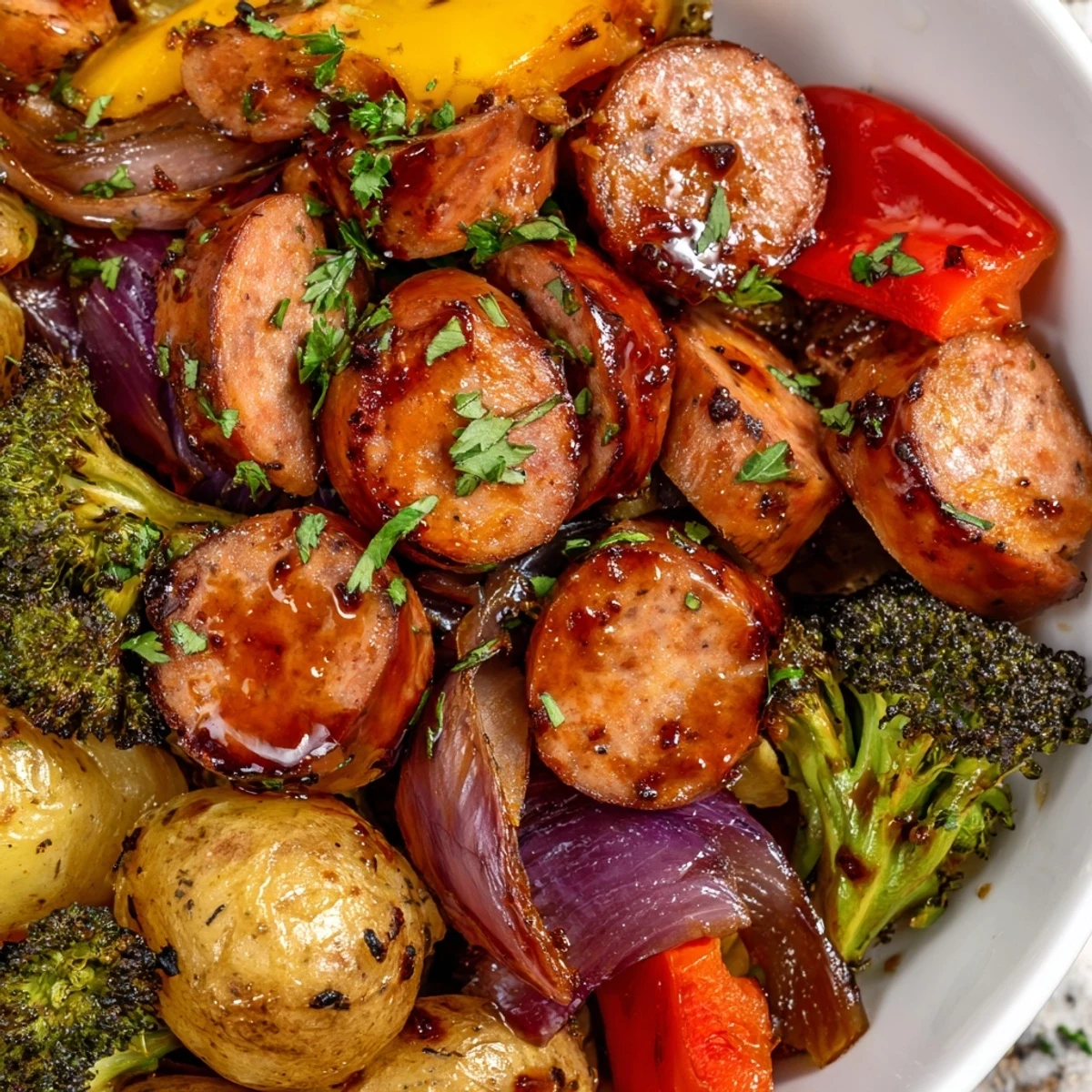 Colorful roasted vegetables and sliced honey garlic kielbasa served on white platter