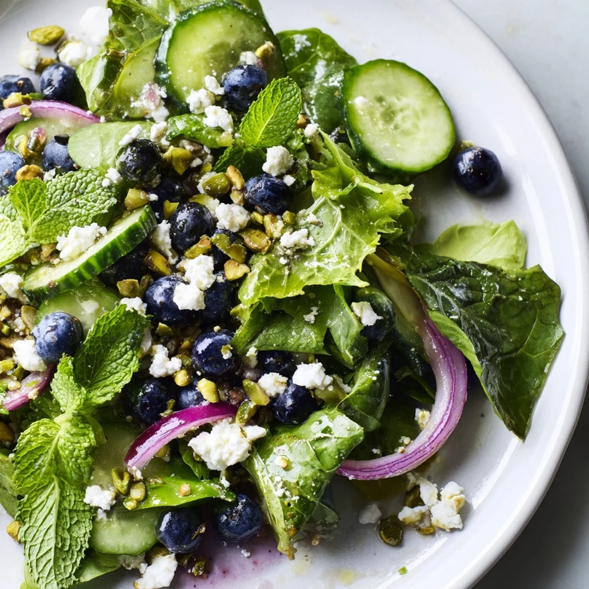 Blueberry Pistachio Spring Salad topped with crumbled feta and fresh mint leaves
